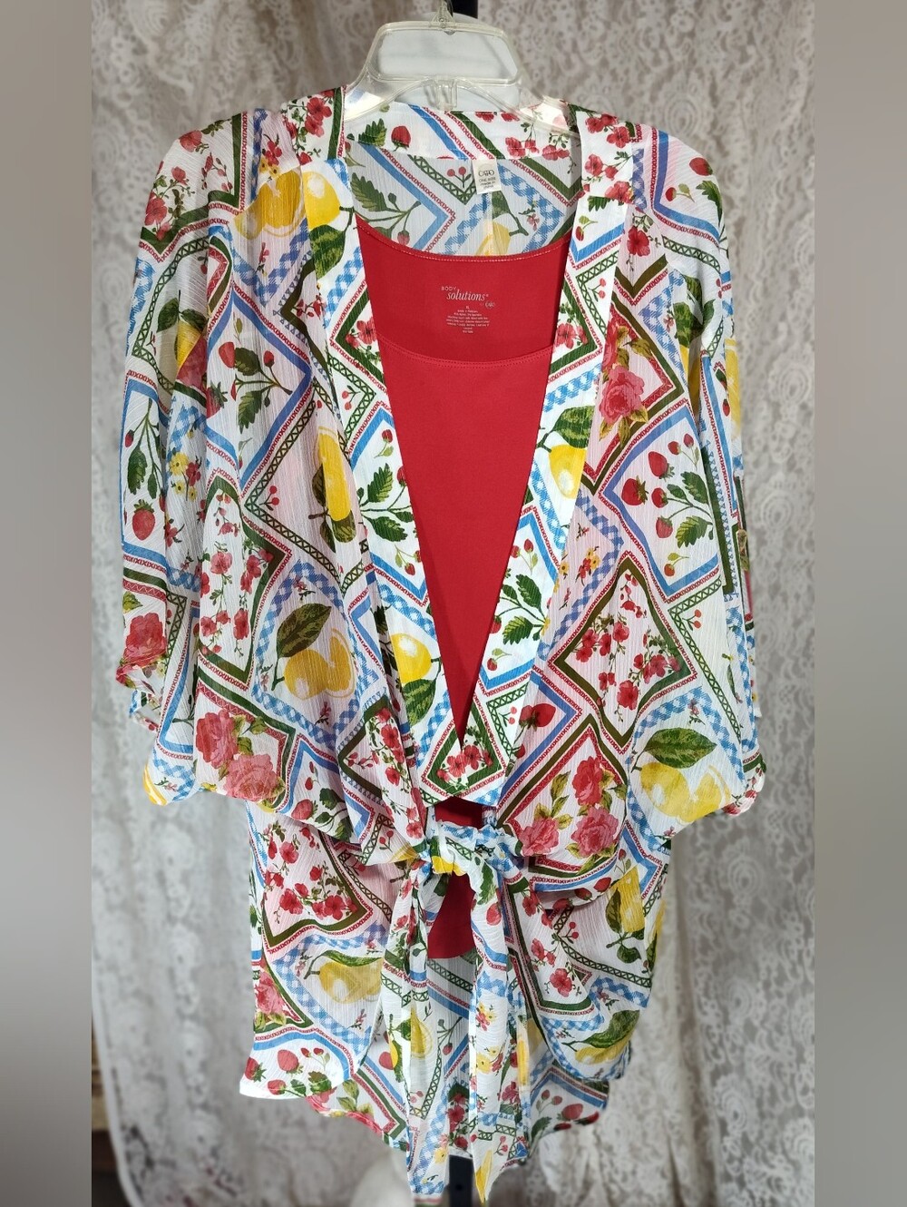 Kimono Floral Fruit Print Red white yellow sheer Front Tie - White/Multicolor